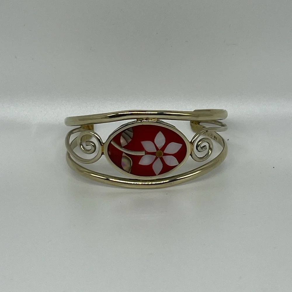 EUC~ Silver Abalone Pearl Inlay Red Carnelian Shell Mexico Cuff Flower Bracelet
